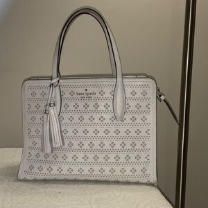 kate spade White Perforated Leather Satchel with Tassel